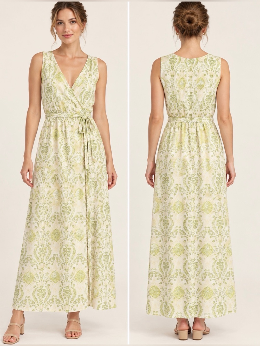 Polagram Light Green & Ivory Floral V-Neck Tie Belt Wrap Dress- Size Medium